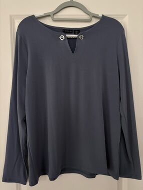 Tahari Slate Blue Long Sleeve Keyhole Top with Silver Accent